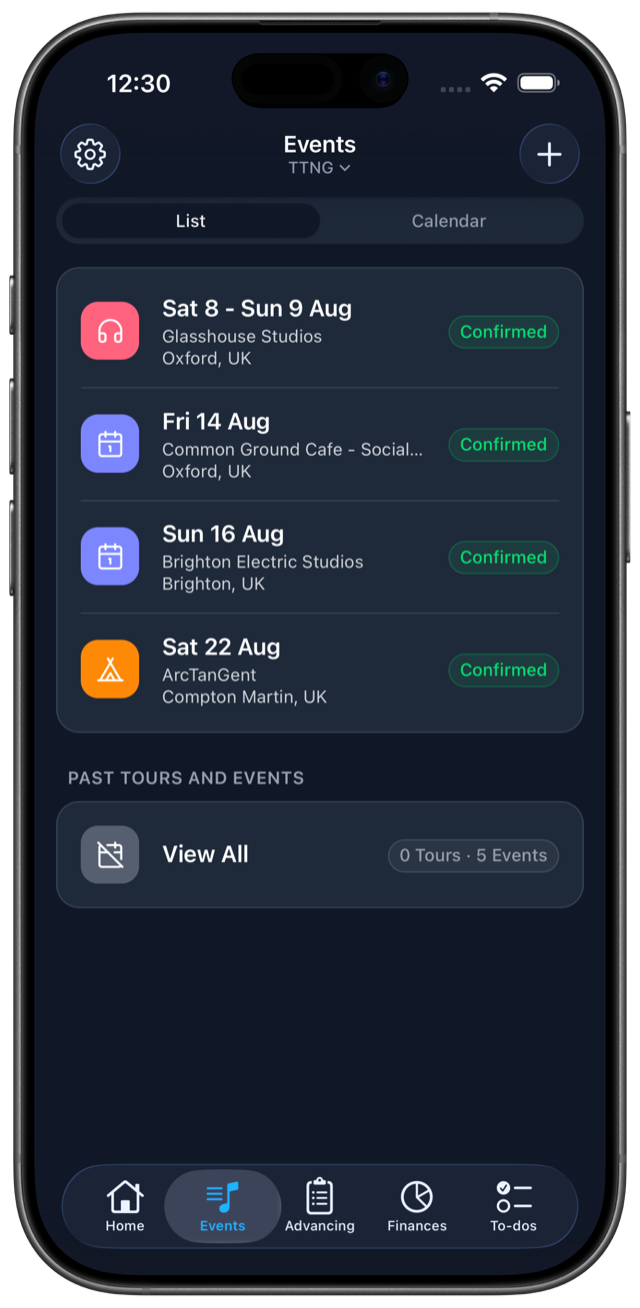 TourNote events list screenshot
